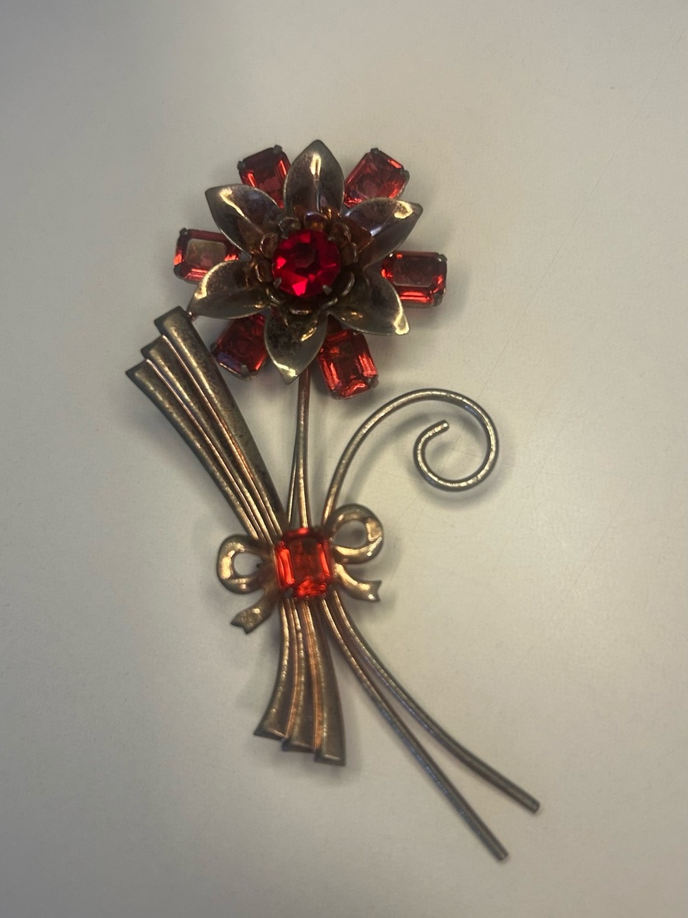 Vintage Red Crystal Floral Brooch